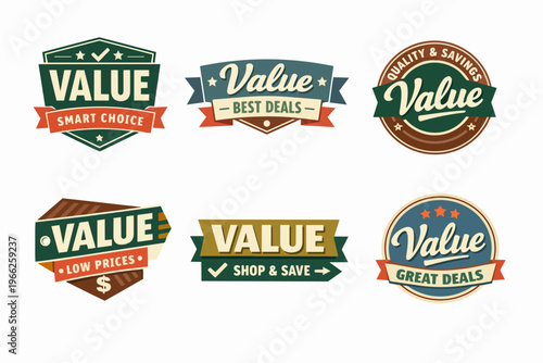 Collection of value badges and stickers for promoting best deals, quality, savings, and low prices