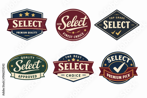 Collection of vintage quality select badges, premium labels, and retro seals for best choice, top grade, and approved products