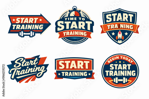 Start training concept design featuring retro style fitness gymnasium badges and emblems for workout motivation