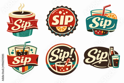Vintage beverage logos and retro drink emblems collection with various cups, bottles, and 'sip' text