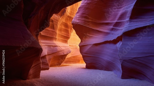 Dramatic view inside a red sandstone slot canyon with flowing rock formations illuminated by warm sunlight in desert landscape.