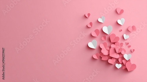 Scattered paper hearts in shades of pink and white on a soft pink background