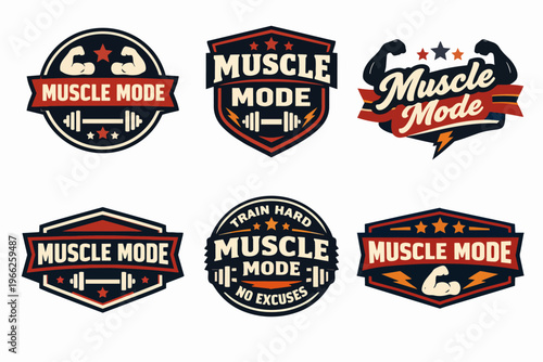 Set of vector logos for fitness centers, gyms, and sports apparel, featuring barbells, flexing biceps, and stars