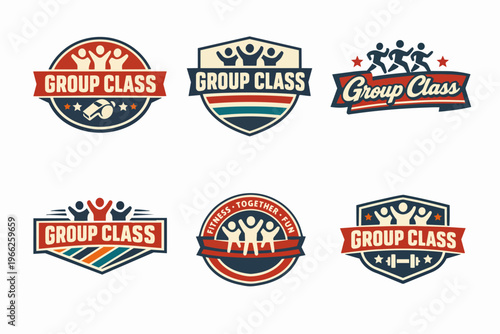 Collection of vintage-style badges and emblems for group fitness activities, sports, and gym workouts, emphasizing teamwork