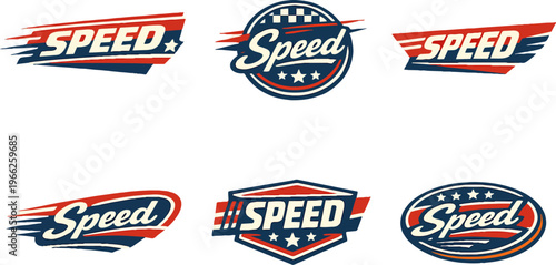 Speed logos collection featuring vintage emblems, badges, and racing sports design elements with patriotic colors