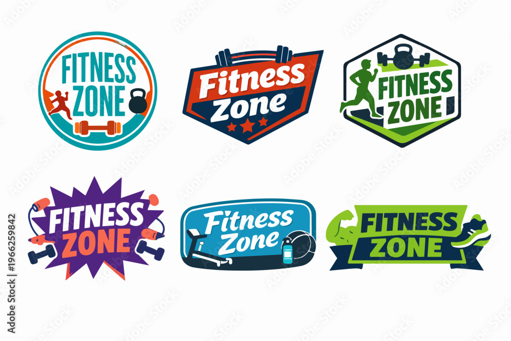 Obraz premium Fitness zone logos set with various sports equipment, human figures, and design styles for gym and workout activities