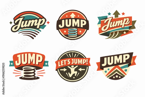 Collection of vintage style jump badges and emblems showing energetic typography, springs, and upward movement