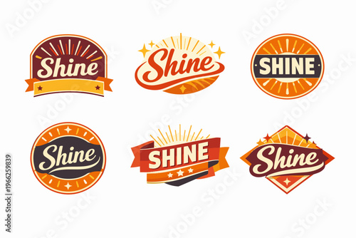 Set of vintage styled shine badges and logos with sunbursts, stars, and retro typography design elements