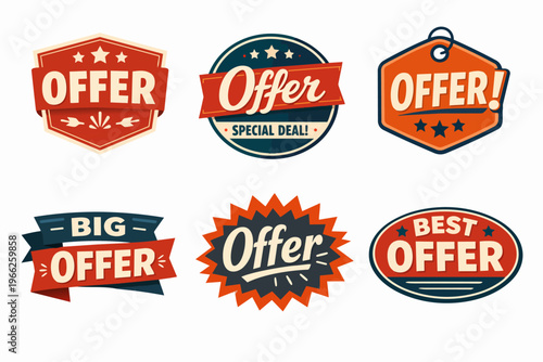 Collection of vintage offer badges and retro sale labels, promoting special deals and discounts on products and services
