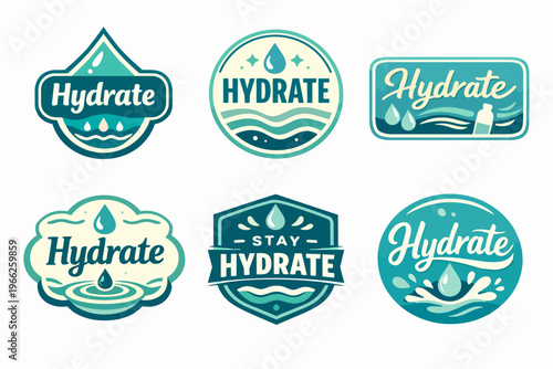 Hydrate water drop logos and emblems, advertising refreshing liquids and healthy drinks, promoting hydration