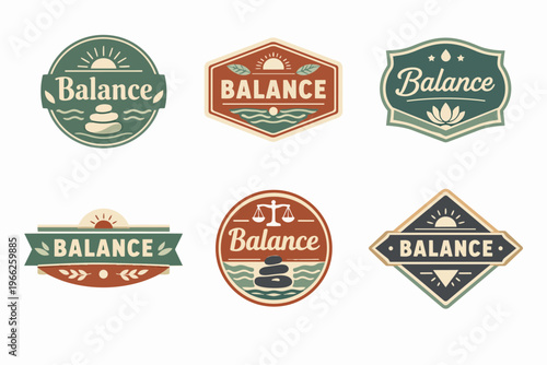 Various styled balance and wellness logos in earth tones, showing symbols of harmony, nature, and tranquility