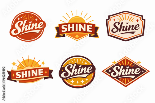 Set of vintage shine logos featuring sunbursts, stars, and retro typography in a warm color palette
