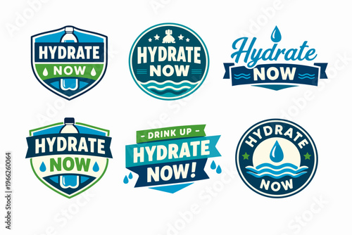Hydration emblems set promoting a healthy lifestyle. Featuring water drops, bottles, waves, and hydrate now text