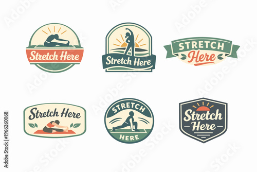 Yoga and stretching badges collection, various vintage style labels for fitness, exercise, and wellness concepts