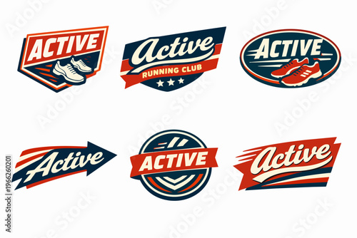 Free Download Group of retro style active running club and fitness logos with sneakers, arrows, and speed lines - GFXLoad