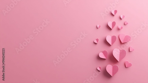 Delicate pink paper hearts scattered on a soft pink background, creating a romantic atmosphere