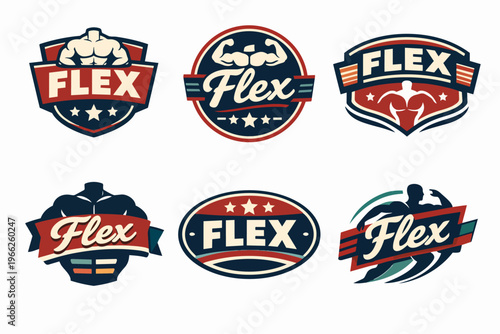 Flex gym and bodybuilding logo set. Vector emblems with muscle, athlete, and badge elements for modern fitness branding
