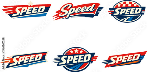 Collection of six vector speeding typography logos and emblems, ideal for auto racing, fast delivery, and sport events