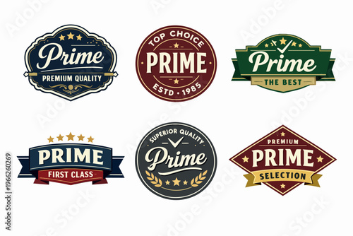 Collection of prime quality labels and badges showcasing premium selection and superior satisfaction