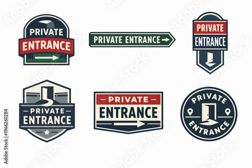Private entrance signs set illustrating exclusive access and directional arrows for secure, restricted areas