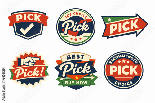 Vintage pick labels set promoting top choice, best product selection, and recommended items