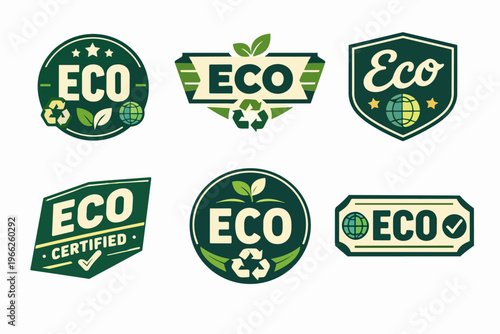 Eco certified labels set presenting sustainable organic bio emblems with recycle symbol, globe, and leaves for environmental protection