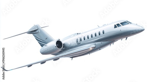 Sleek private jet aircraft soaring through the sky with a clean white background