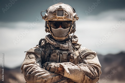 Close up portrait of armed soldier wearing tactical helmet and goggles in desert environment at sunset, military operation and defense concept.