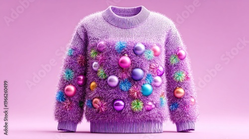Whimsical purple fuzzy sweater adorned with colorful Christmas ornaments and tinsel