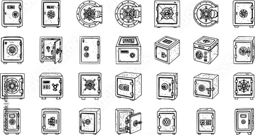 Hand-drawn collection of secure safes and vault doors, illustrating various designs and locking mechanisms for security and storage in a sketch style.