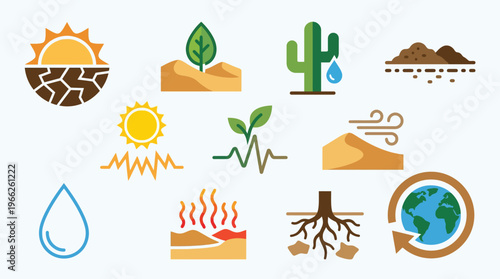 Collection of icons illustrating drought, arid conditions, water scarcity, and environmental challenges.