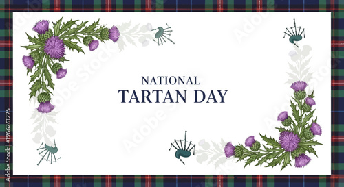 Vintage-style National Tartan Day design featuring a tartan frame, thistle accents, and a bagpipe silhouette, presented as a vector illustration with Scottish color accents for a festive