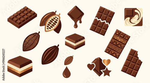 A delightful assortment of various chocolate bars, cocoa pods, and chocolate drops, presented in a visually appealing flat design.