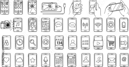 Hand-drawn doodle sketch set of various smartphone icons, mobile app features, and phone interactions