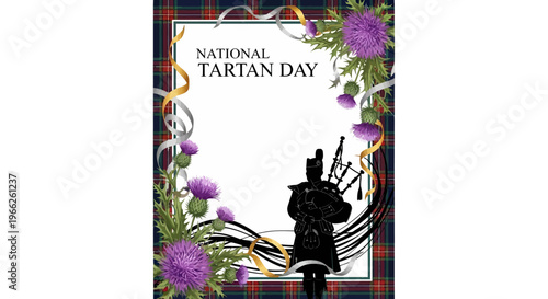 Vintage National Tartan Day vector illustration featuring a bagpipe player silhouette and thistles arranged in a tartan frame, conveying a Scottish heritage celebration with a festive