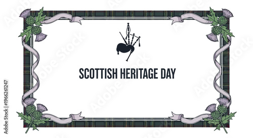 A vintage-style Scottish Heritage Day flyer showcases a tartan frame with thistle accents, bagpipe silhouette, and Scottish colors, creating a cultural and celebratory design