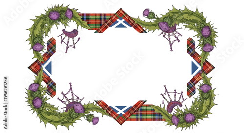 Vintage National Tartan Day vector design featuring a decorative frame of thistles, bagpipe silhouettes, and tartan patterns, conveying a Scottish cultural celebration against a clean white