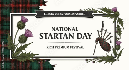 Vintage-style National Tartan Day vector design featuring a tartan frame, thistle illustrations, and a bagpipe silhouette, conveying Scottish heritage against a neutral backdrop with rich