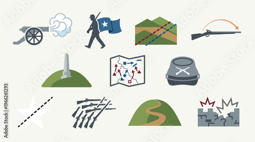 Collection of flat design icons representing elements of military strategy and warfare, including cannons, soldiers, maps, and fortifications.