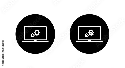 Laptop gear settings icon in black circle. Computer configuration symbol