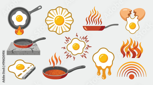 A collection of stylized illustrations depicting fried eggs in various cooking scenarios and artistic interpretations.