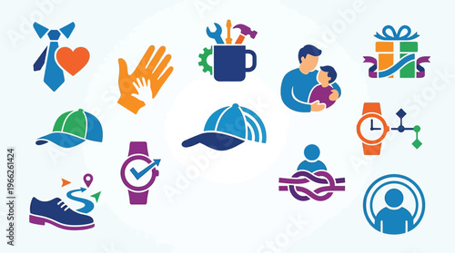 Collection of Father's Day themed icons representing gifts, family, and dad's interests like tools, sports, and accessories.
