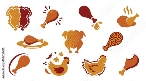 A collection of stylized icons representing various chicken dishes and whole chickens, showcasing different cooking methods and presentations.