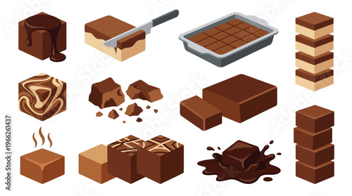 A collection of isometric illustrations depicting various forms of chocolate brownies, from whole baked pans to individual pieces and melted chocolate.