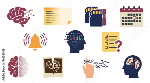 Collection of icons representing memory loss, cognitive decline, and mental health challenges.