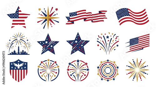Collection of American patriotic symbols including stars, flags, fireworks, and a shield, representing national pride and celebration.