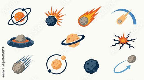 Collection of stylized icons representing asteroids, meteors, and celestial bodies in various orbital and impact scenarios.