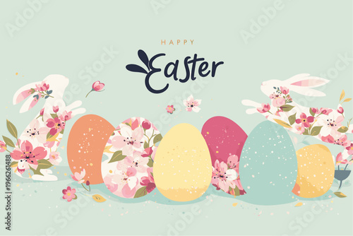 Soft pastel Easter greeting card with decorated eggs, playful typography. Minimal spring border design ideal for holiday card, poster, banner, cover, textile, wrapping, print, seasonal promotion, ads 