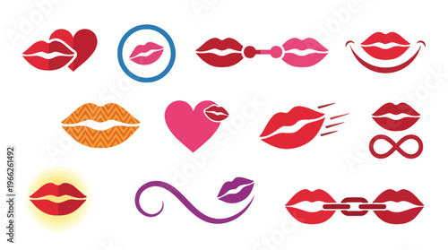 Collection of stylized red lips and kiss icons, representing love, romance, and beauty.