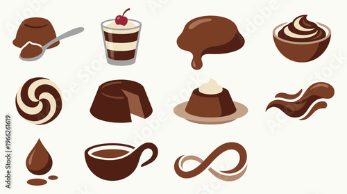 A collection of various chocolate desserts and chocolate-themed items, including puddings, candies, and drinks, presented in a clean, illustrative style.
